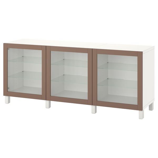 BESTÅ Storage combination with doors, white Sindvik/Stubbarp/light grey-brown clear glass, 180x42x74 cm