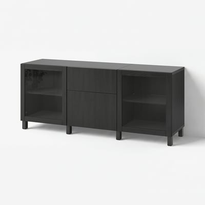 BESTÅ Storage combination with drawers, black-brown Lappviken/Sindvik/Stubbarp black-brown clear glass, 180x42x74 cm