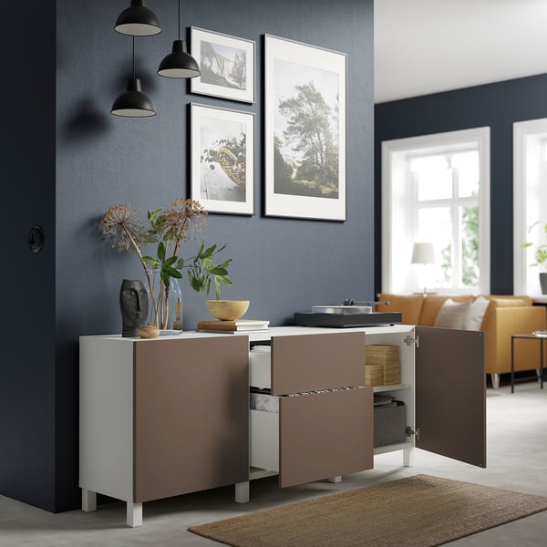 BESTÅ Storage combination with drawers, white Lappviken/Stubbarp/light grey-brown, 180x42x74 cm