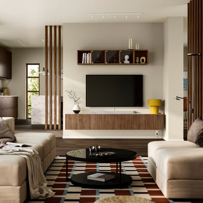 BESTÅ TV bench with doors, white Lappviken/brown walnut effect, 240x42x38 cm