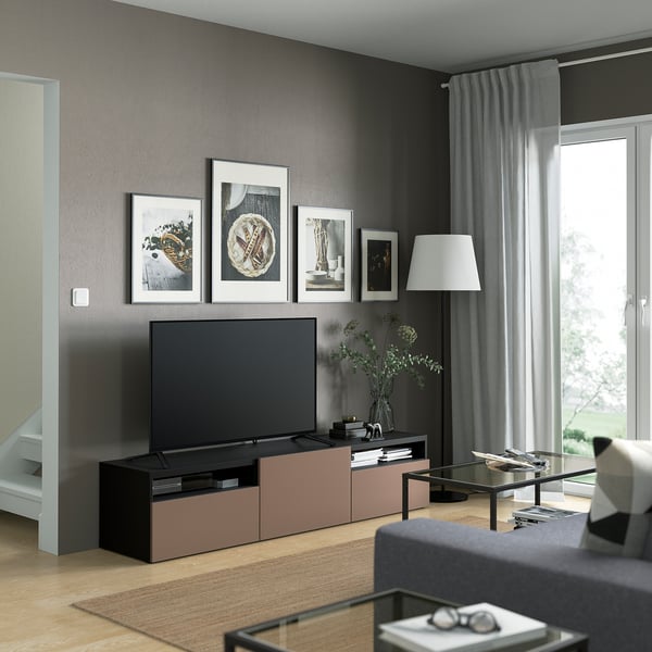 BESTÅ TV bench with drawers and door, black-brown/Lappviken light grey-brown, 180x42x39 cm