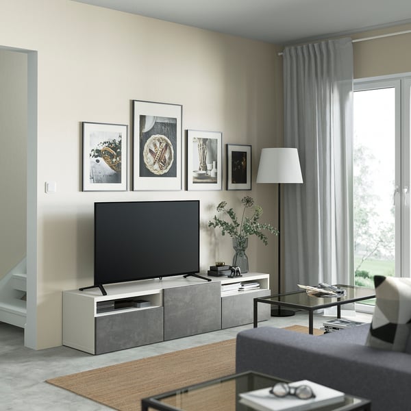 BESTÅ TV bench with drawers and door, white/Kallviken dark grey, 180x42x39 cm