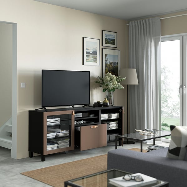 BESTÅ TV bench with drawers, black-brown Sindvik/Lappviken/Stubbarp light grey-brown, 180x42x74 cm