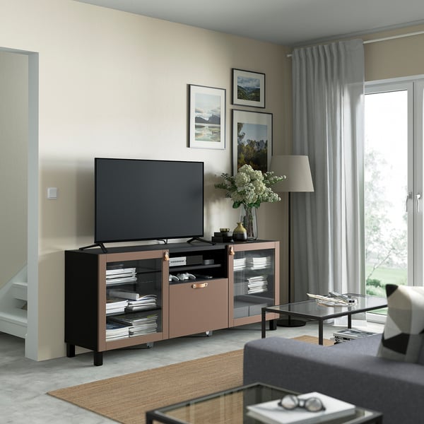 BESTÅ TV bench with drawers, black-brown Sindvik/Lappviken/Stubbarp light grey-brown, 180x42x74 cm