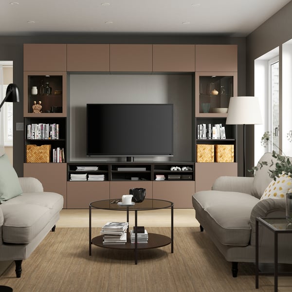 BESTÅ TV storage combination/glass doors, black-brown Sindvik/Lappviken light grey-brown, 300x42x231 cm