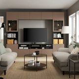 BESTÅ TV storage combination/glass doors, black-brown Sindvik/Lappviken light grey-brown, 300x42x231 cm