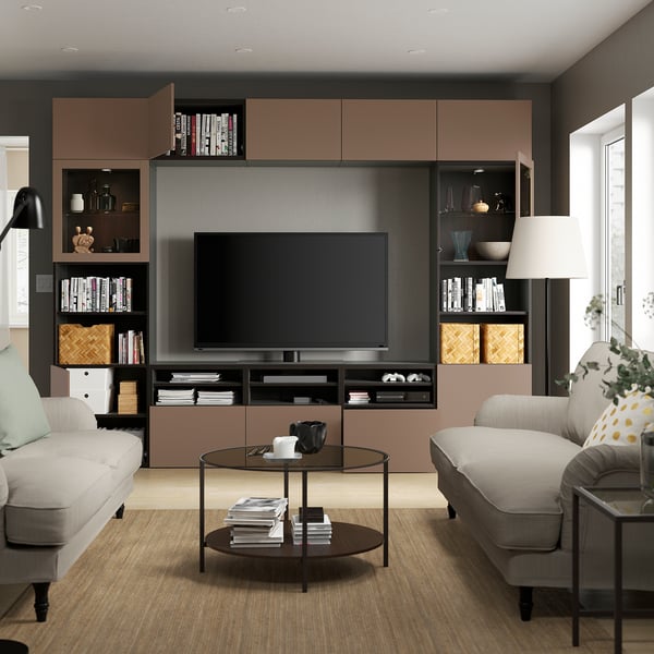 BESTÅ TV storage combination/glass doors, black-brown Sindvik/Lappviken light grey-brown, 300x42x231 cm