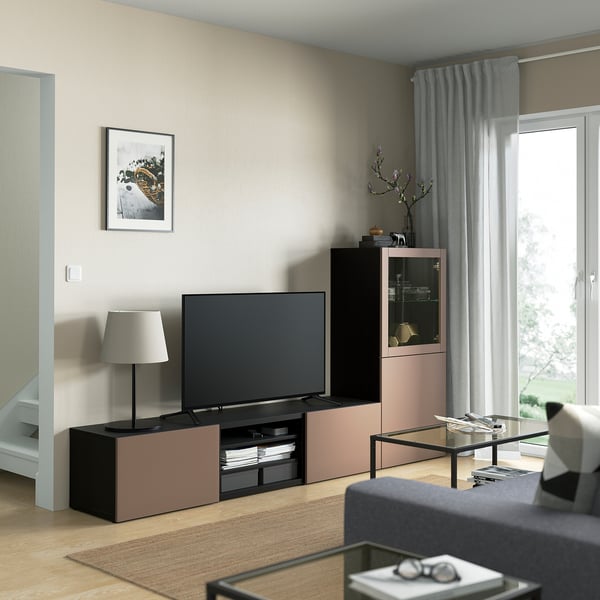 BESTÅ TV storage combination/glass doors, black-brown Sindvik/Lappviken light grey-brown, 240x42x129 cm