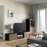 BESTÅ TV storage combination/glass doors, black-brown Sindvik/Lappviken light grey-brown, 240x42x129 cm