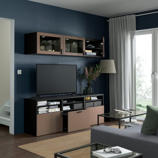 BESTÅ TV storage combination/glass doors, black-brown Sindvik/Lappviken light grey-brown, 180x42x192 cm