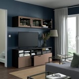 BESTÅ TV storage combination/glass doors, black-brown Sindvik/Lappviken light grey-brown, 180x42x192 cm