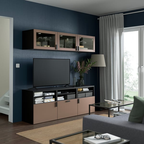 BESTÅ TV storage combination/glass doors, black-brown Sindvik/Lappviken light grey-brown, 180x42x192 cm