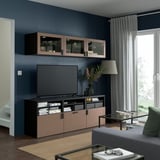 BESTÅ TV storage combination/glass doors, black-brown Sindvik/Lappviken light grey-brown, 180x42x192 cm