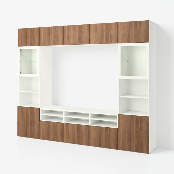BESTÅ TV storage combination/glass doors, white Lappviken/brown walnut effect, 300x42x231 cm