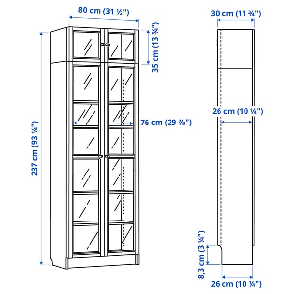 BILLY / OXBERG Bookcase w glass doors/ext unit, brown walnut effect/clear glass, 80x30x237 cm