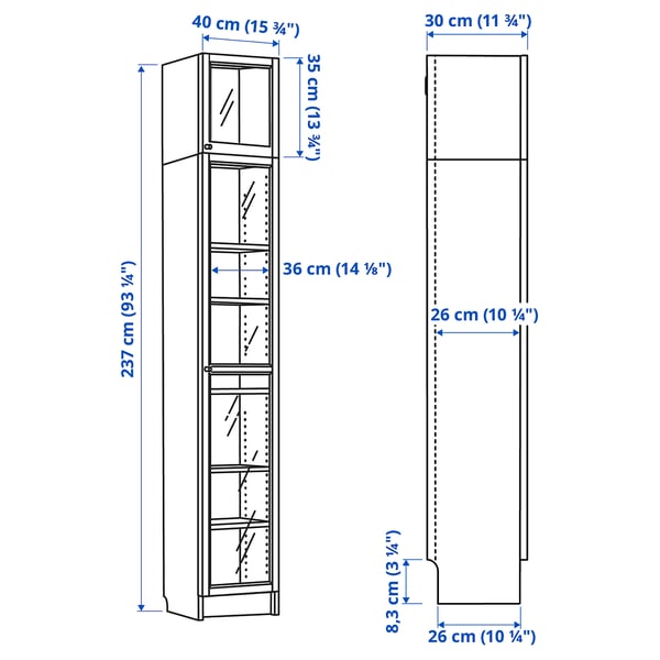 BILLY / OXBERG Bookcase w glass doors/ext unit, brown walnut effect, 40x30x237 cm