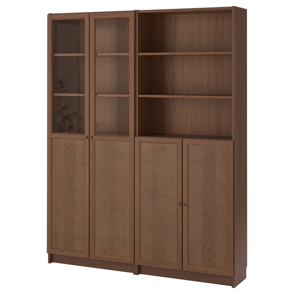 BILLY / OXBERG Bookcase with panel/glass doors, brown ash veneer, 160x30x202 cm IKEA