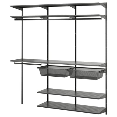 BOAXEL grey wall storage shelves with clothes rail and mesh baskets.