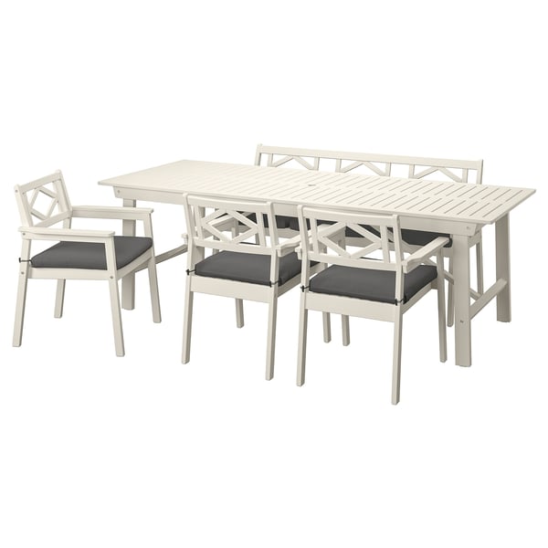 BONDHOLMEN Table+3 chrs w armr+ bench, outdoor, white/beige/Frösön/Duvholmen dark grey