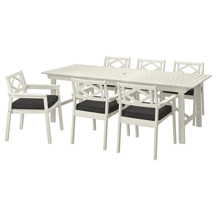 BONDHOLMEN table+6 chairs w armrests, outdoor, white/beige/Järpön