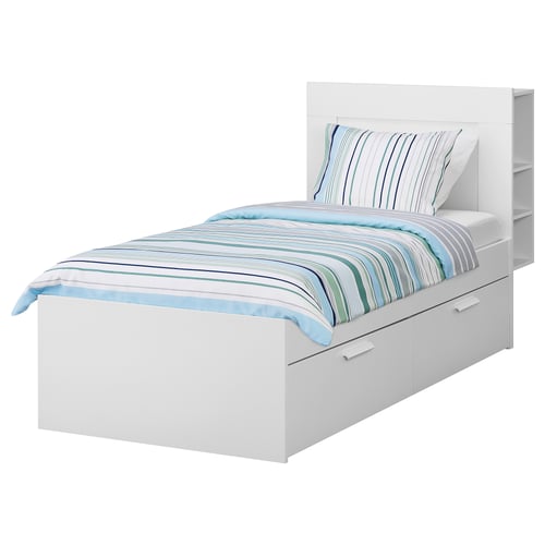 BRIMNES white bed, striped linens, storage headboard, drawers, slatted base.