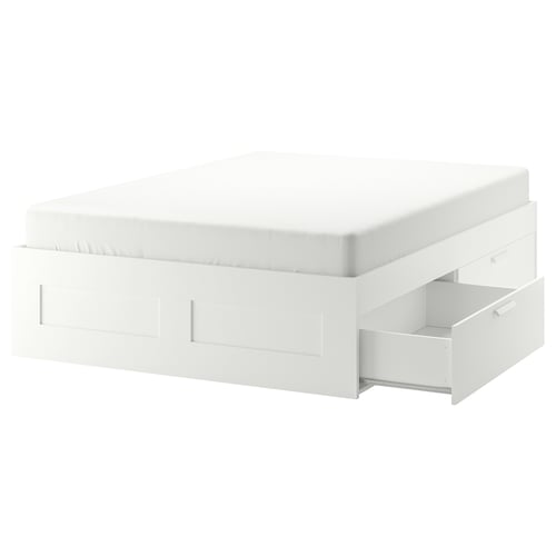 White BRIMNES compact bed frame with 4 drawers, minimalist design.