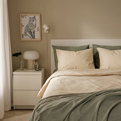 DOFTAKLEJA Duvet cover and 2 pillowcases, beige/white, 240x220/50x80 cm