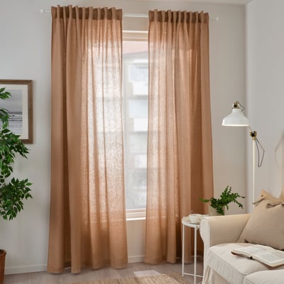 DYTÅG Curtains, 1 pair, dark beige/with heading tape, 145x300 cm