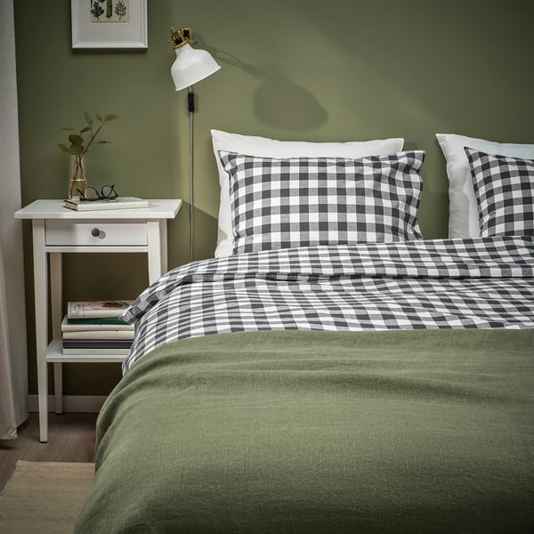 EKTANDVINGE Duvet cover and 2 pillowcases, anthracite white/check, 240x220/50x80 cm