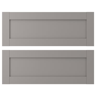 Two grey ENHET drawer fronts with smooth, rectangular designs and rounded edges.