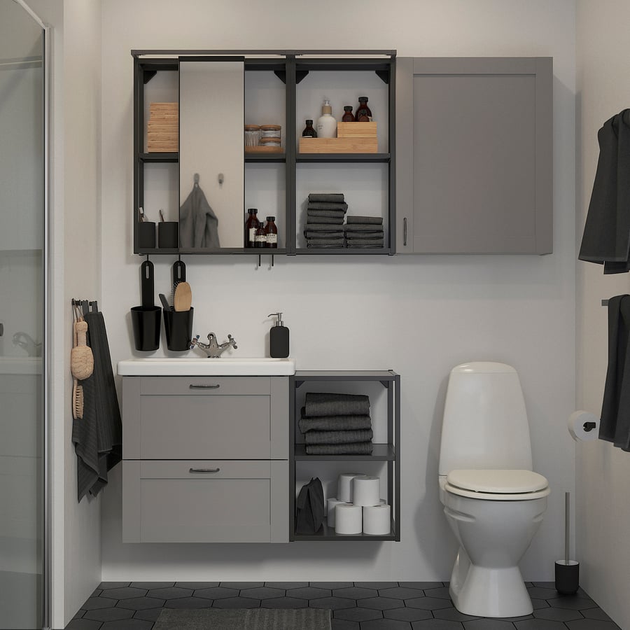 ENHET / TVÄLLEN Bathroom furniture, set of 18 grey frame/anthracite