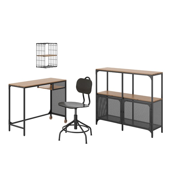 FJÄLLBO/KULLABERG / GULLHULT Desk and storage combination, and swivel chair black/pine