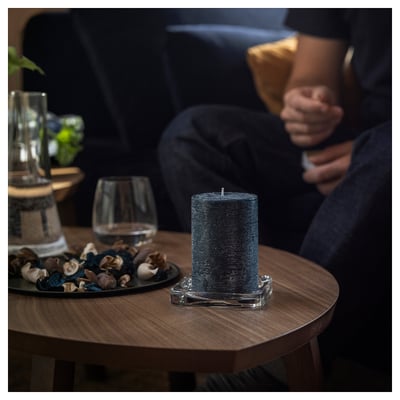 FRUKTSKOG Scented pillar candle, Vetiver & geranium/black-turquoise, 30 hr