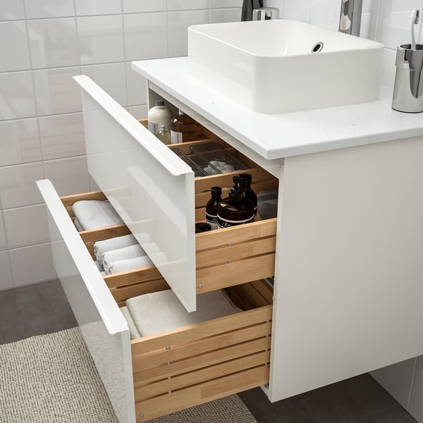 Godmorgon Tolken Horvik خزانة مع حوض غسيل سطحي 45x32 لامع أبيض مرمر حنفية Brogrund Ikea
