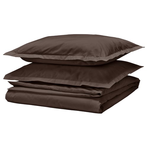 Brown cotton percale bedding with folded duvet.