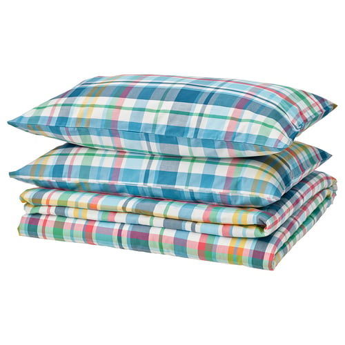 A colourful checked bedding set named HÖSTGENTIANA with blue, pink, and green shades made from 50% viscose/rayon, 50% cotton.