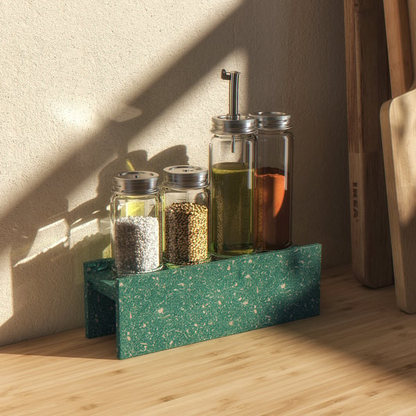 Green speckled HUNDHAJ spice rack with three glass jars containing grains.