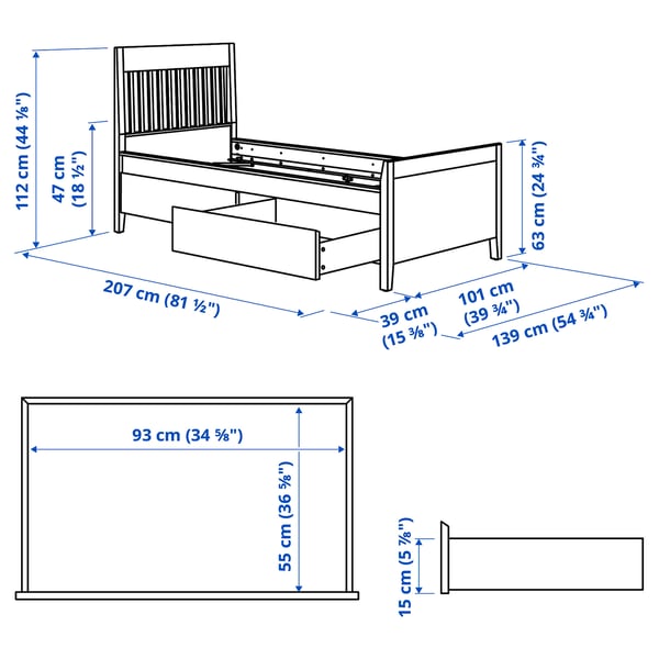 IDANÄS Bed frame with storage, dark brown/Leirsund, 90x200 cm