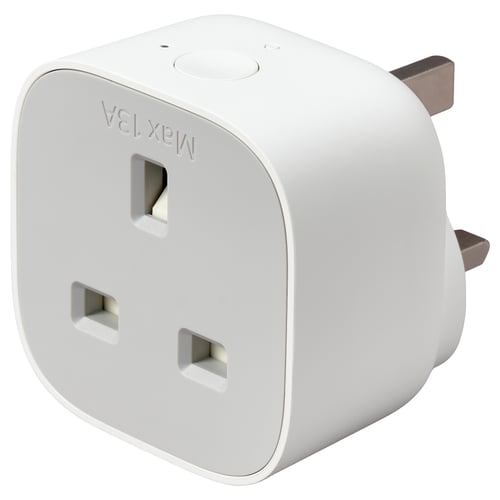 Small white INSPELNING smart plug, cube-shaped with 2 slots and 1 usb port, made of polycarbonate plastic.