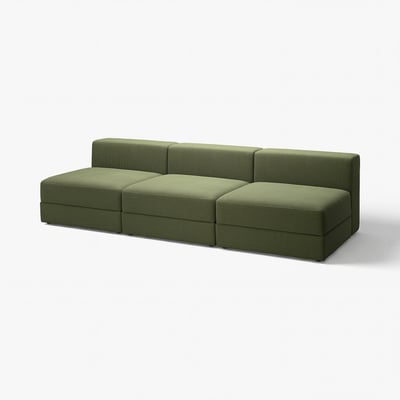 Olive green, modern, l-shaped JÄTTEBO sofa with cushions, on white background.