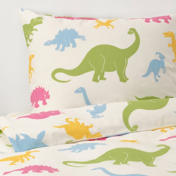 JÄTTELIK Quilt cover and pillowcase, dinosaur/multicolour, 150x200/50x80 cm