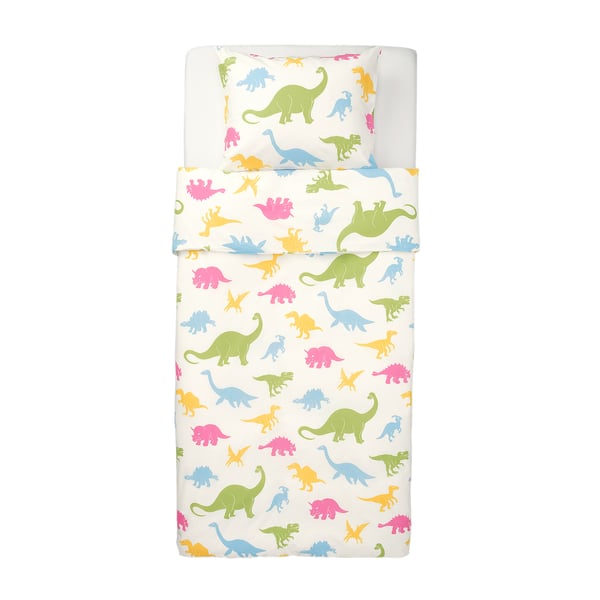 JÄTTELIK Quilt cover and pillowcase, dinosaur/multicolour, 150x200/50x80 cm