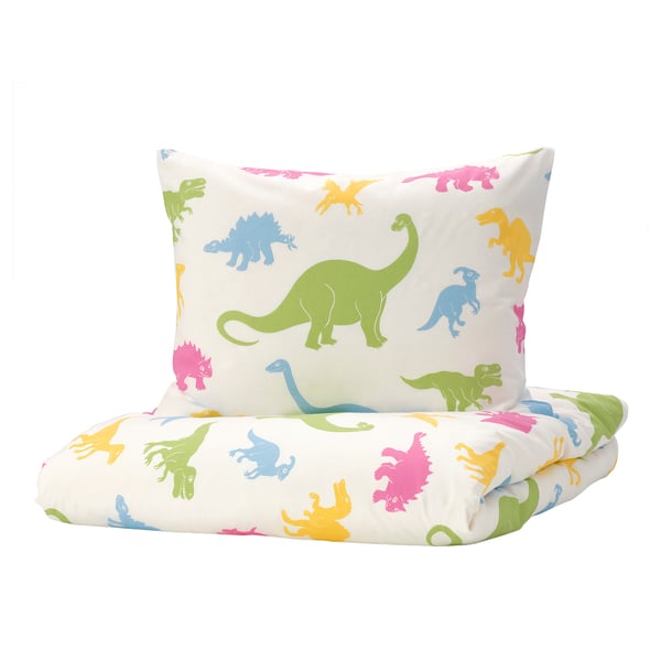 JÄTTELIK Quilt cover and pillowcase, dinosaur/multicolour, 150x200/50x80 cm