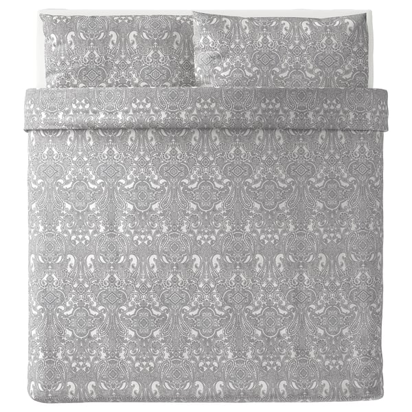 JÄTTEVALLMO Quilt cover and 2 pillowcases, white/grey, 240x220/50x80 cm