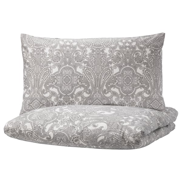 JÄTTEVALLMO Quilt cover and 2 pillowcases, white/grey, 240x220/50x80 cm