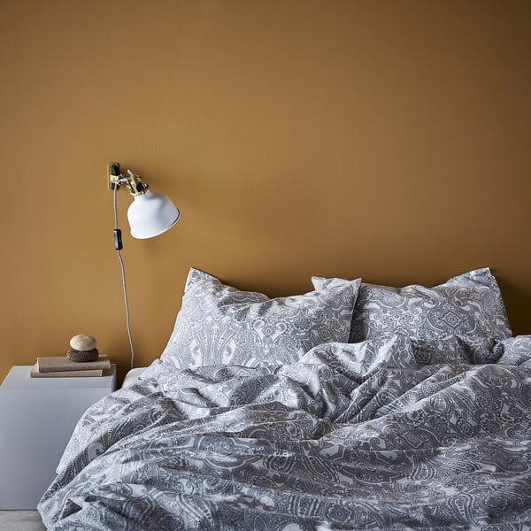 JÄTTEVALLMO Quilt cover and 2 pillowcases, white/grey, 240x220/50x80 cm