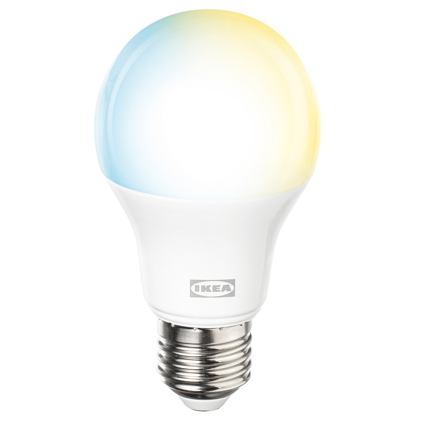 IKEAs KAJPLATS smart light bulb, white, rounded dome shape, adjustable colour temperature, aluminium base, polyamide housing.