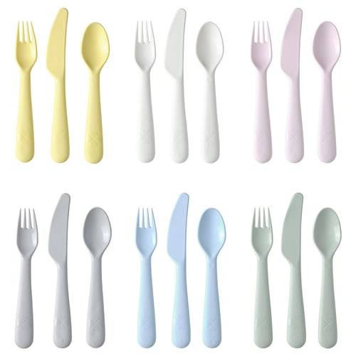 Colourful plastic utensils: forks, knives, spoons in six colours. Kids easy-grip sets.