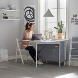 KALLHÄLL Gateleg table with storage, white/light grey, 33/89/145x98 cm
