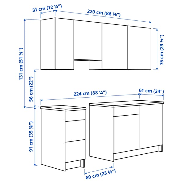 KNOXHULT Kitchen, white, 220x61x220 cm